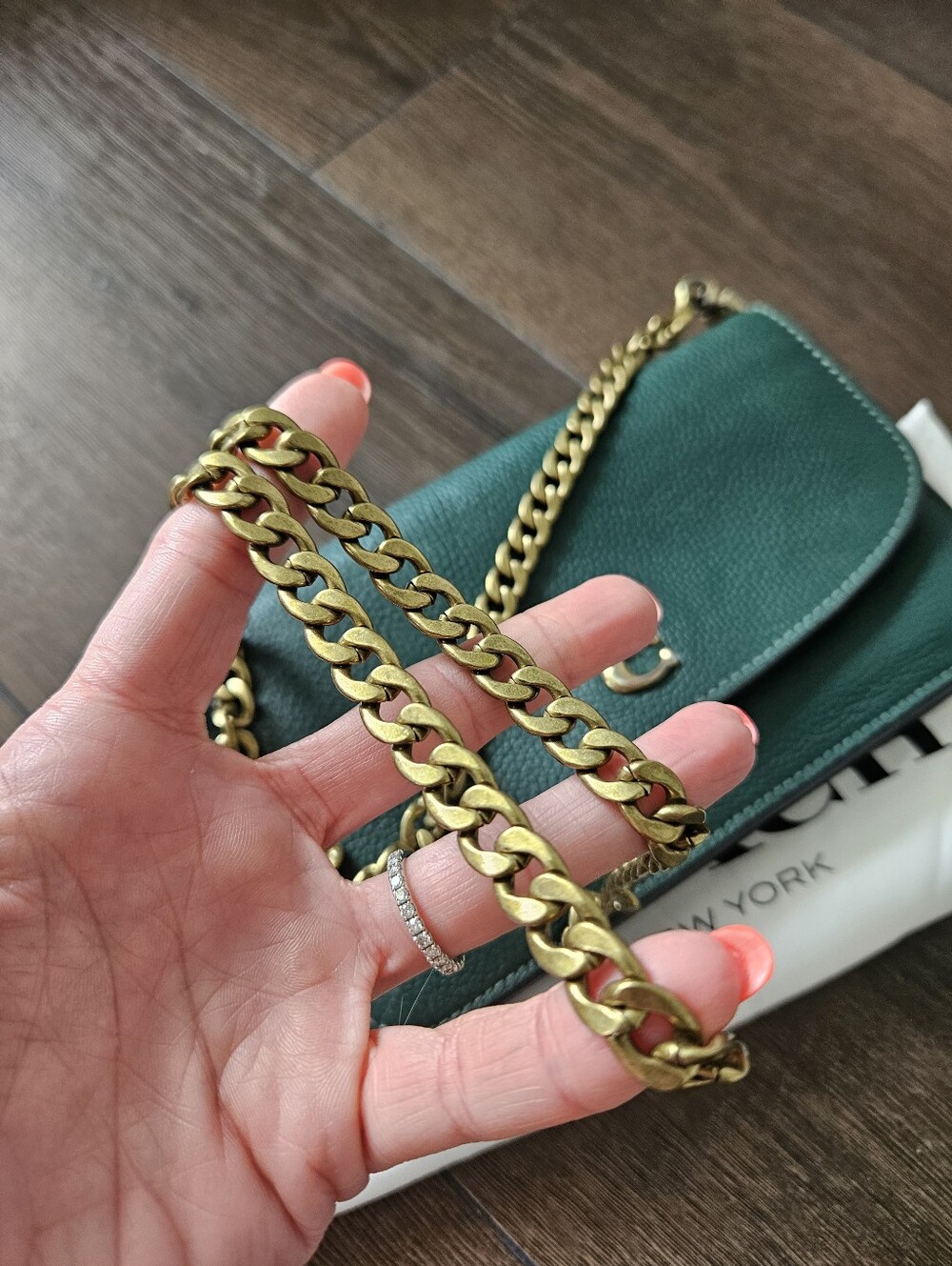 Coach Hayden Foldover Crossbody Wallet Green Pebbled Leather + Gold Chain &Dusty - Picture 11 of 15